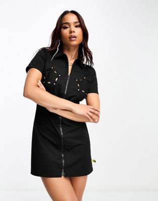 cut-out star detail mini shirt dress in black
