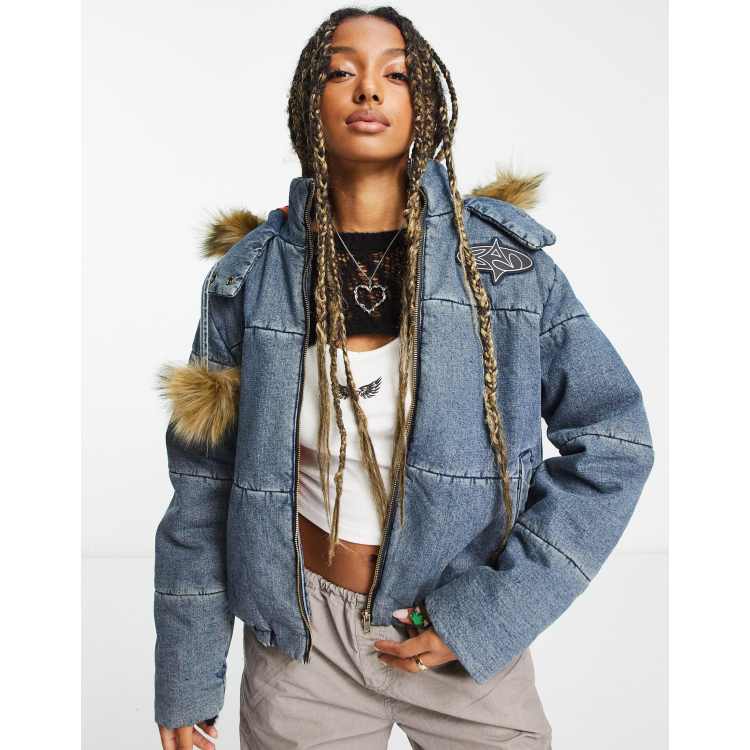 Basic Pleasure Mode denim faux fur edged puffer jacket in blue | ASOS