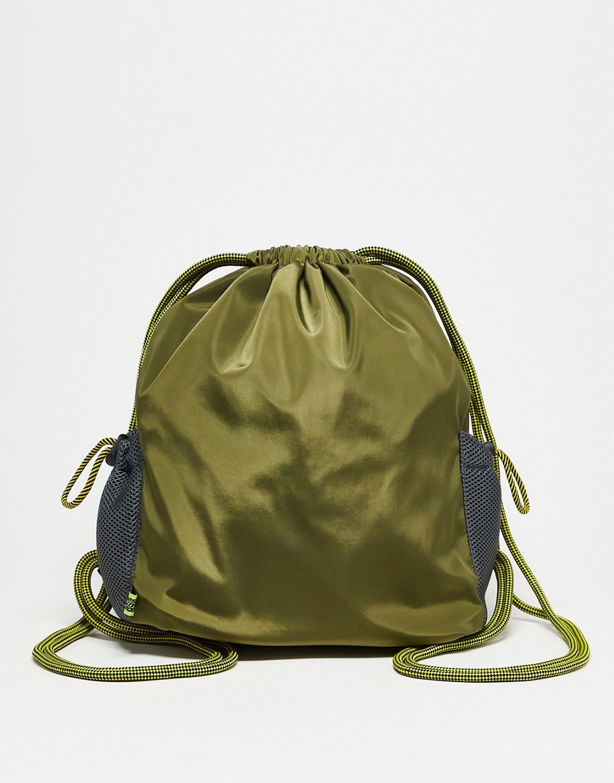 Basic Pleasure Mode Drawstring Backpack In Khaki With Black Mesh Side Pockets-green