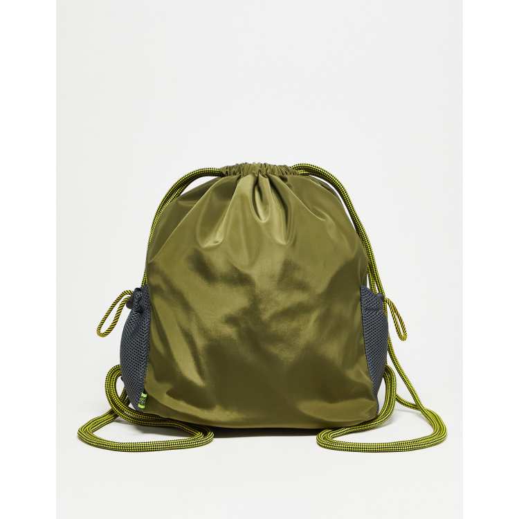 Basic Pleasure Mode drawstring backpack in khaki with black mesh