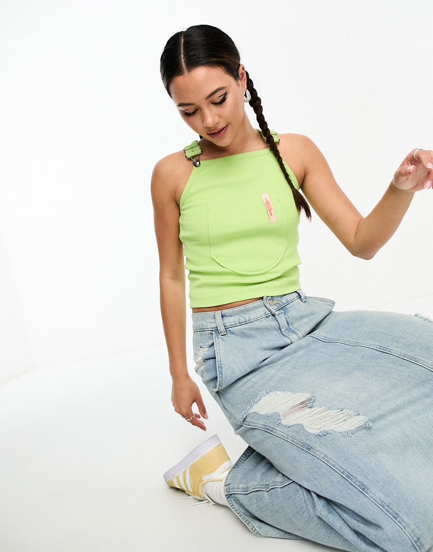 Basic Pleasure Mode dungaree detail tank top in lime green