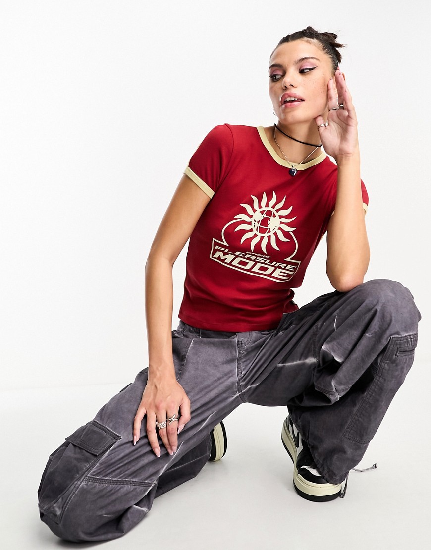 Basic Pleasure Mode EDM motif ringer tshirt in red and stone