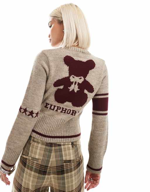 Basic Pleasure Mode euphoria teddy print knitted jumper in camel, 2 of 4