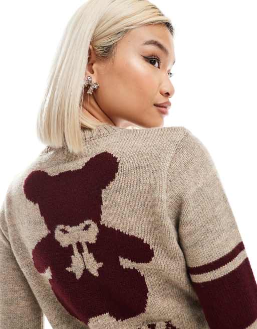 Basic Pleasure Mode euphoria teddy print knitted jumper in camel, 3 of 4
