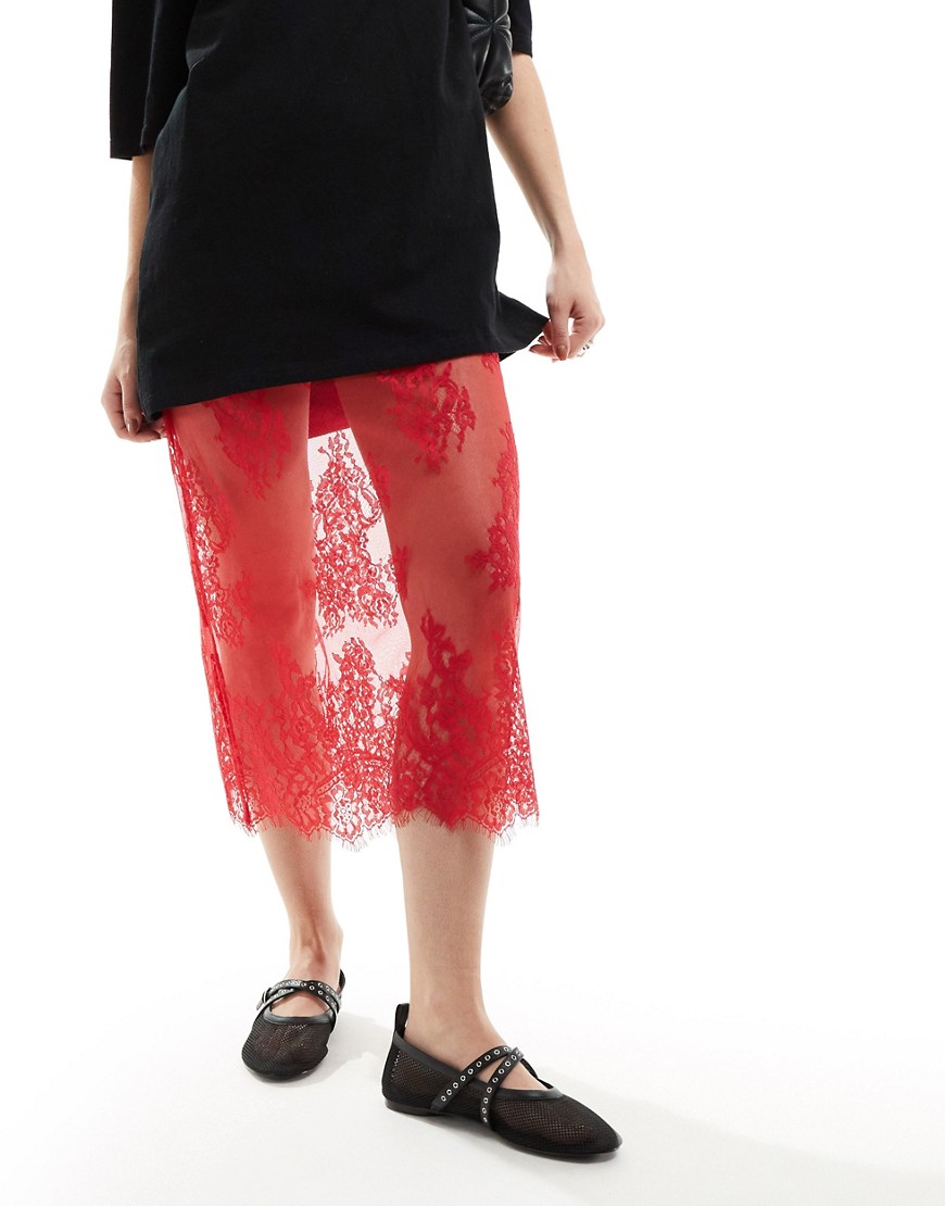 Basic Pleasure Mode Eyelash Lace Midi Skirt In Red