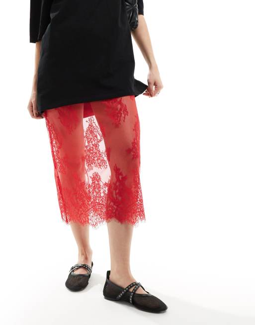 Basic Pleasure Mode eyelash lace midi skirt in red