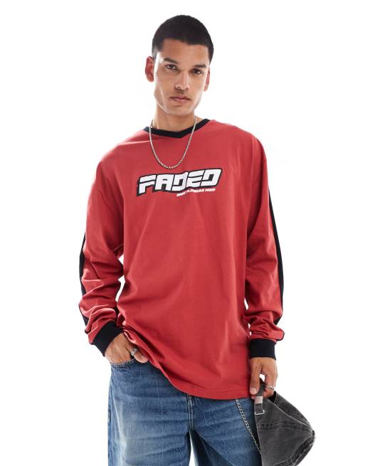 Basic Pleasure Mode faded sublimation print long sleeve t-shirt in red