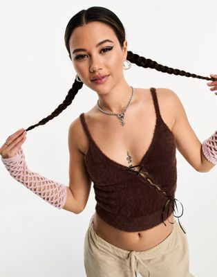 Basic Pleasure Mode fluffy cami with suedette ties in chocolate-Brown