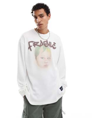  Basic Pleasure Mode fragile printed long sleeve oversized tshirt in white