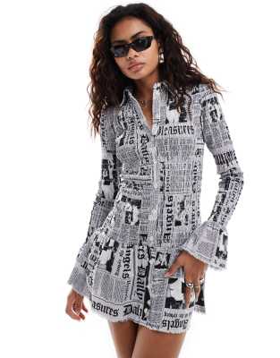 Basic Pleasure Mode gazette print shirred mini dress