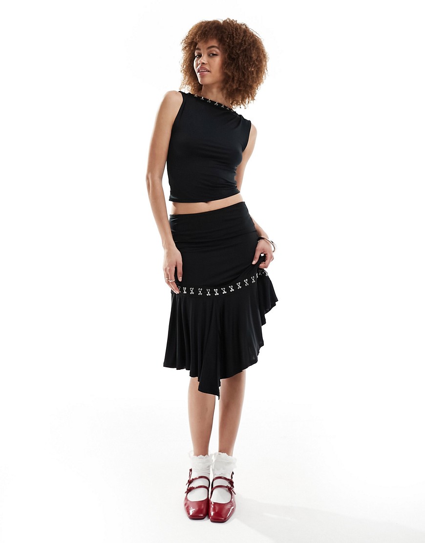 Basic Pleasure Mode hook and eye multiway slinky midi skirt in black