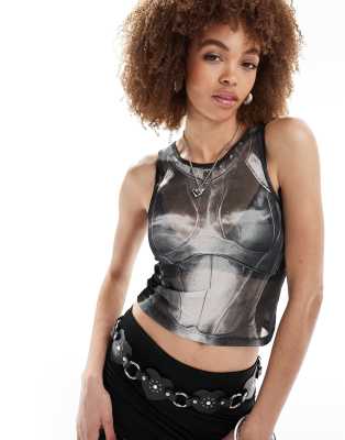 Basic Pleasure Mode Basic Pleasure Mode joan of arc mesh tank top in grey-Multi