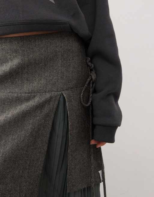 Basic Pleasure Mode - Kakigrøn kilt-midinederdel med tweed-overlag, 3 af 5