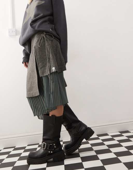 Basic Pleasure Mode - Kakigrøn kilt-midinederdel med tweed-overlag, 4 af 5