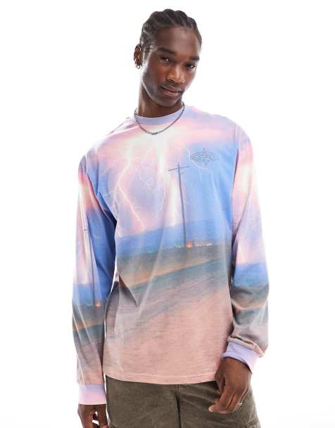 Basic Pleasure Mode lightening print oversized long-sleeved t-shirt in multi - view 1