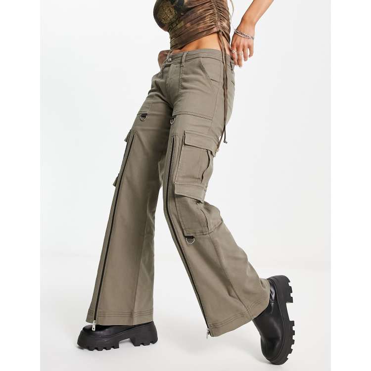 Black Leather Low Rise V-Cut Ruched Flare Cargo Pants