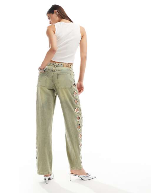 Basic Pleasure Mode machina eyelet wide leg jeans in bleach