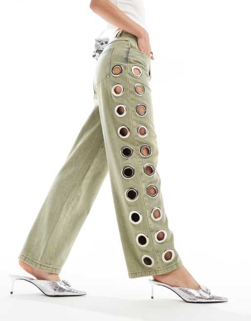Basic Pleasure Mode machina eyelet wide leg jeans in bleach, 4 of 5