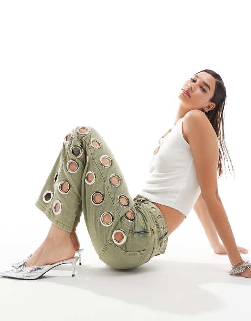 Basic Pleasure Mode machina grommet wide leg jeans in bleach
