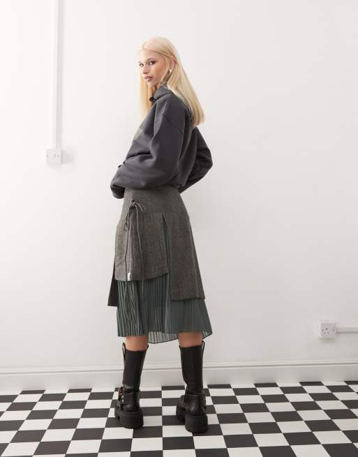 Basic Pleasure Mode - Midi-kiltrok met tweed overlay in kaki, 2 van 5