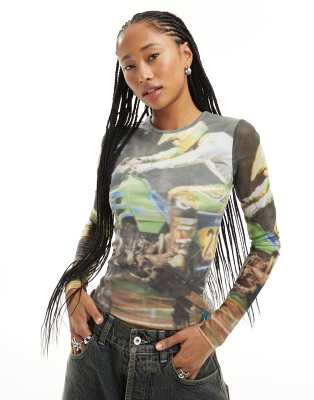 Basic Pleasure Mode - Mudbunny - Top a maniche lunghe in tessuto a rete multicolore