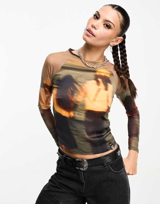 Basic Pleasure Mode - Multifarvet overdel med lange ærmer, stretch og catwalk-print i satin