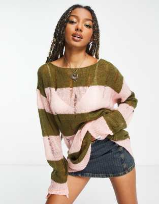 Basic Pleasure Mode open stitch striped oversized jumper in multi