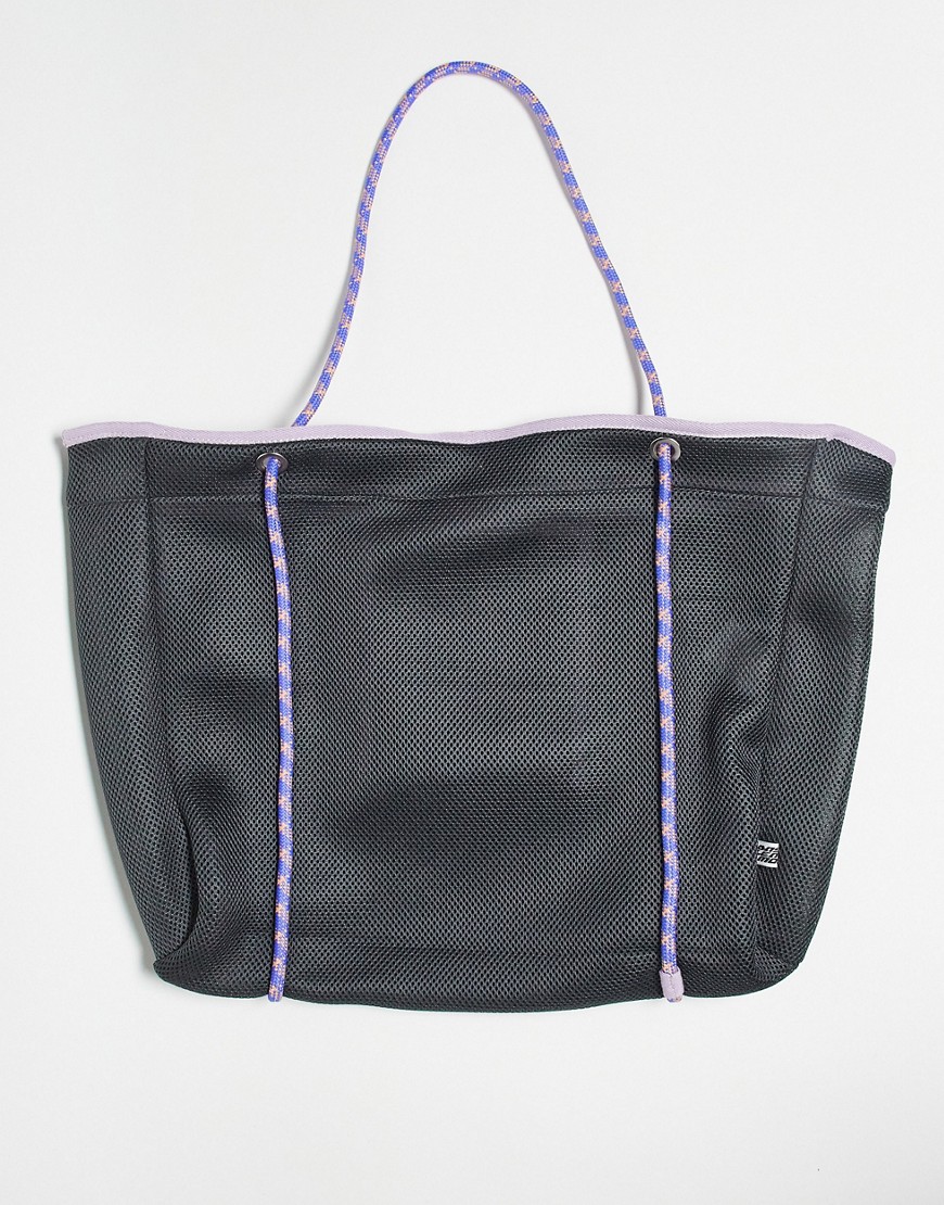oversized tote bag in black mesh with lilac cord straps