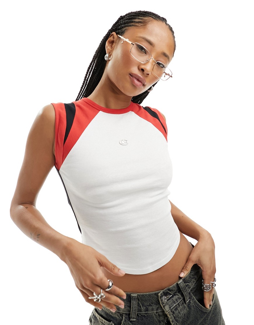 Basic Pleasure Mode Paneled Shoulder Tank Top In Black And Red-white