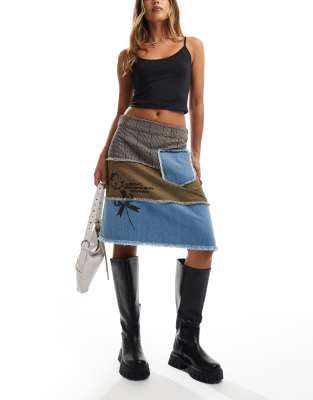Shop Basic Pleasure Mode panelled denim and herringbone midi skirt in Online – Trendy & Affordable Fashion