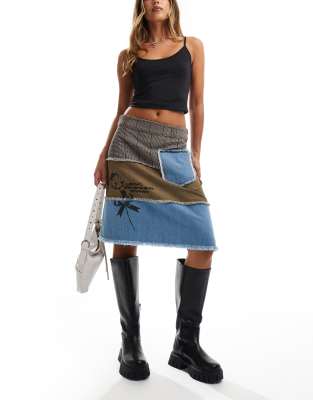 Basic Pleasure Mode panelled denim and herringbone midi skirt in