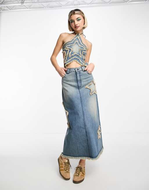 Basic Pleasure Mode raw edge denim star detail midi skirt co ord in distressed mid wash