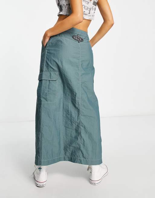 Basic Pleasure Mode ruche side cargo maxi skirt in petrol blue