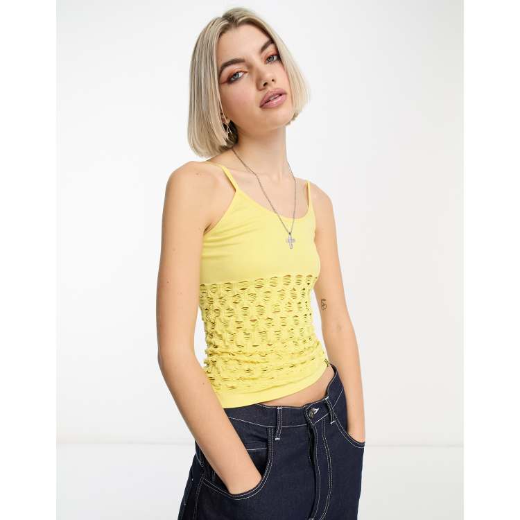 Basic Pleasure Mode seamless fishnet detail cami top in yellow