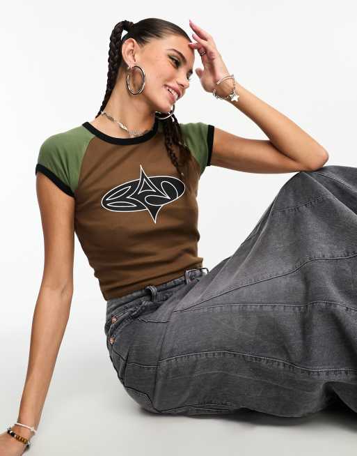 Basic Pleasure Mode Shinjuku ringer t-shirt in chocolate and mint