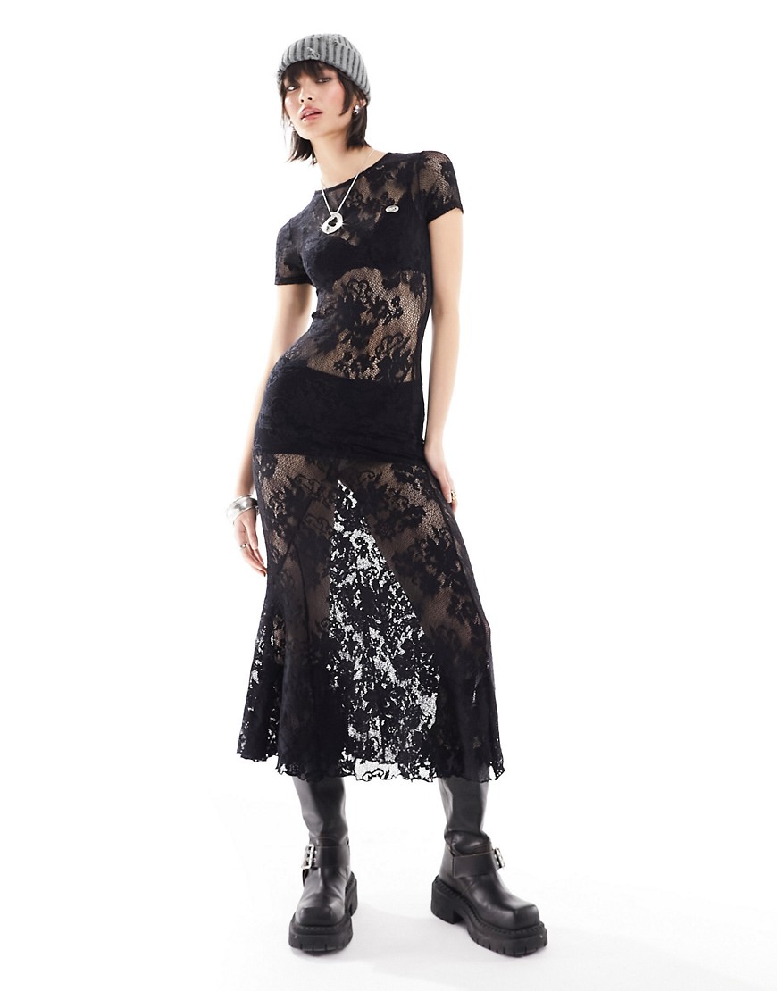 Basic Pleasure Mode short sleeve lace maxi dress in black