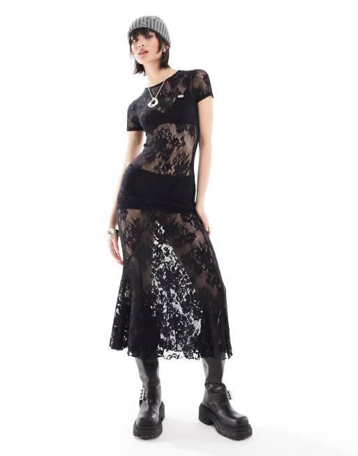 Lace short sleeve maxi hot sale dress