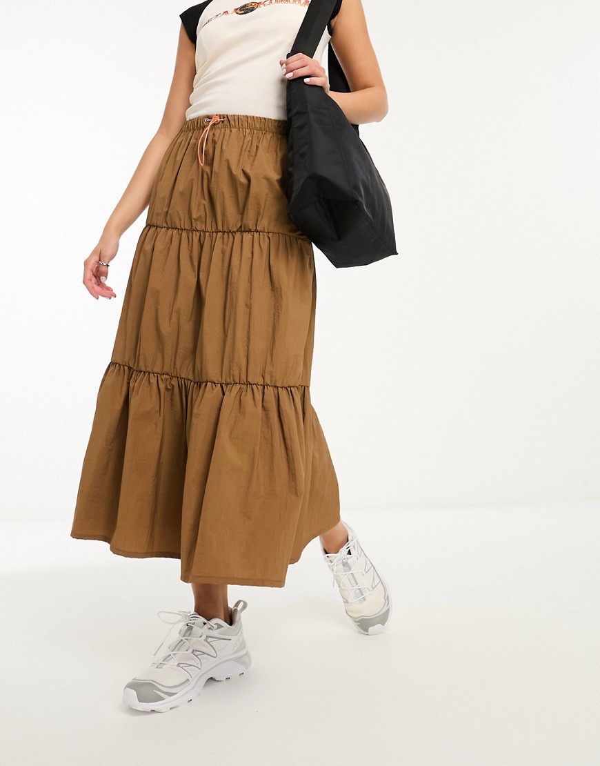 Basic Pleasure Mode solstice tiered maxi skirt in chocolate-Brown