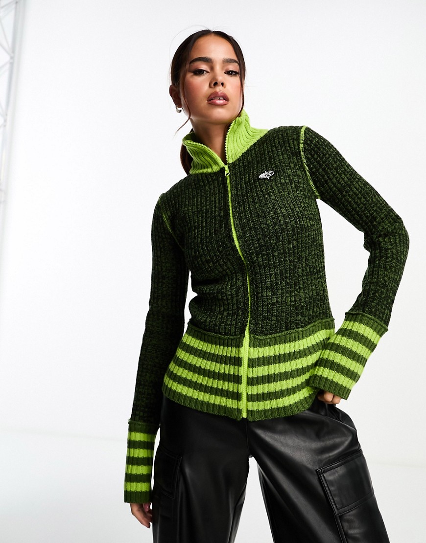 Basic Pleasure Mode Stripe Detail Zip Up Knit Cardigan Top In Green