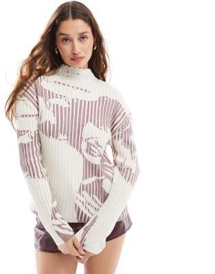 Basic Pleasure Mode Talia long sleeve printed ribbed knit jumper