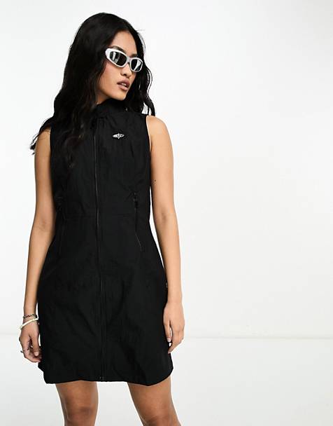 Basic Pleasure Mode tech fabric sleeveless zip through mini dress in black