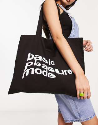 Basic Pleasure Mode oversized canvas tote bag in wave logo in black - ASOS Price Checker