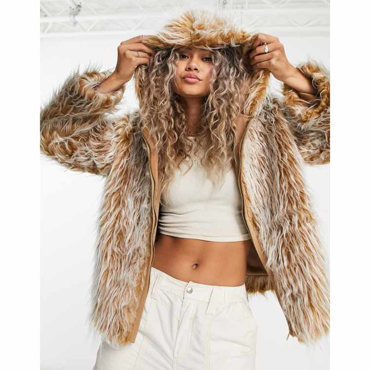 Beige coat best sale with fur hood