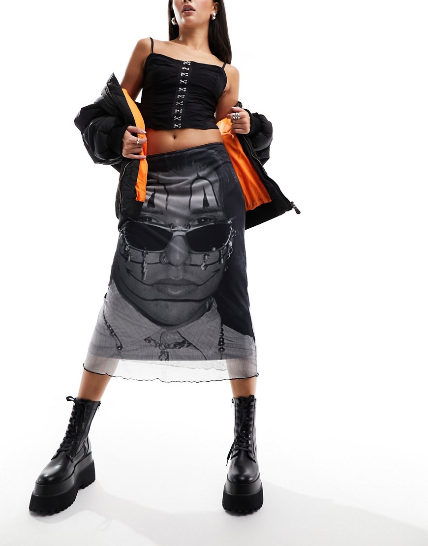 Basic Pleasure Mode X Subculture Face Print Maxi Skirt In Gray-multi