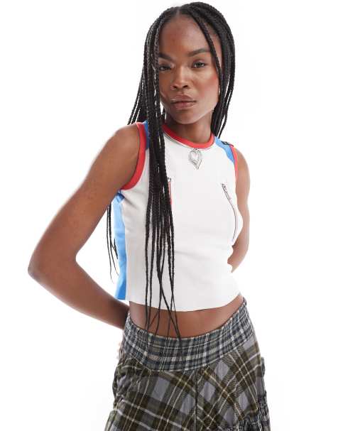 Basic Pleasure Mode zip detail contrast ringer vest in multi - view 1