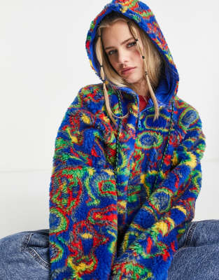 Basic Pleasure Mode zip through borg hooded fleece in multi warp print