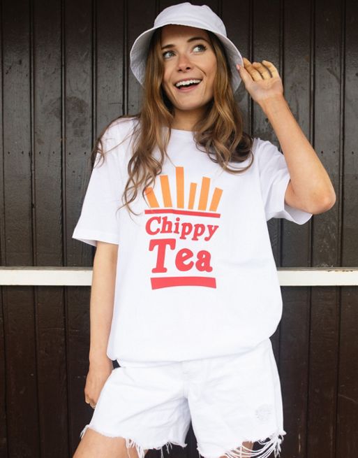 Batch1 unisex chippy tea slogan t-shirt pink with chips graphic in white
