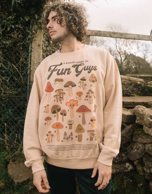 Batch1 unisex fun guys mushroom guide graphic Hybrid sweatshirt in sand