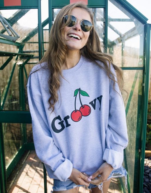Batch1 unisex groovy slogan sweatshirt with cherry graphic in grey