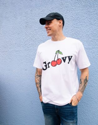 Batch1 unisex groovy slogan t-shirt with cherry graphic in white